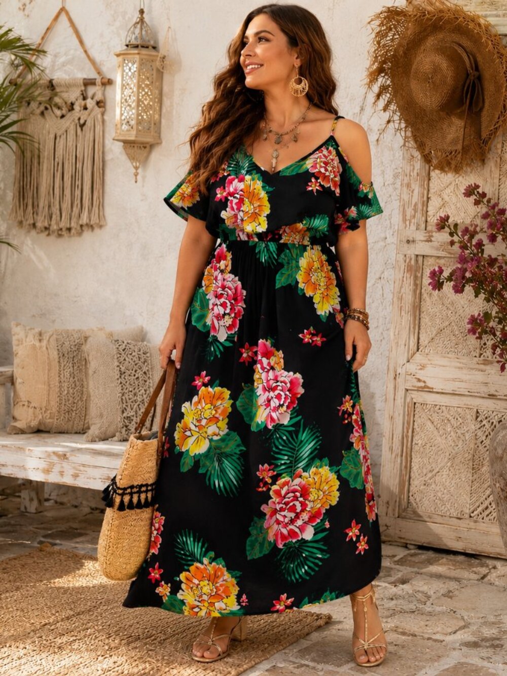 Old Navy XL Black Tropical Floral Cold Shoulder Maxi Dress Adjustable Straps